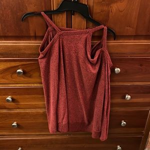 NWT soft red sweater cold shoulder. One solid sleeve & one side opened w/loops